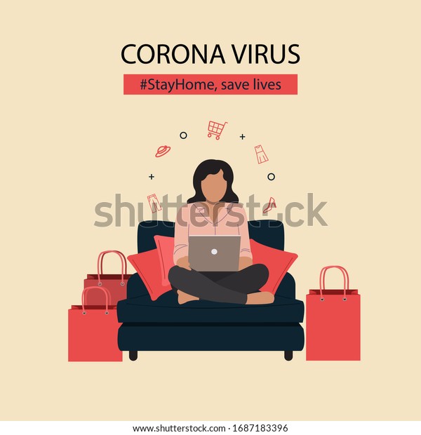 Woman sitting on the couch, using her laptop to\
shopping online at home. Stay at home campaign for corona virus\
pandemic. Flat design\
vector