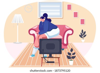 Woman sitting on couch watching TV vector illustration. Young adult girl on sofa in front of television screen. Female character resting and spending time at home. Girl is bored in her apartment
