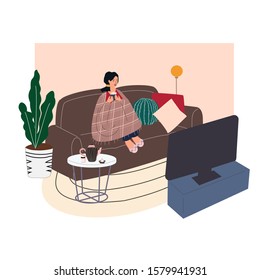 Woman sitting on cozy sofa. Young girl wrapped in blanket  and drinking hot coffee or tea, watching movie and relaxing after work. Trendy interior in Scandinavian style. Flat cartoon vector svg