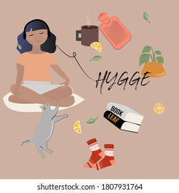 Woman sitting on cozy sofa. Young girl wrapped in blanket and drinking hot coffee or tea, watching movie and relaxing after work. Trendy interior in Scandinavian style. Cartoon vector illustration.