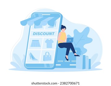 Woman sitting on a credit card shopping online trending concept flat illustration