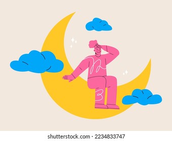 Woman sitting on crescent moon with clouds. Colorful vector illustration
