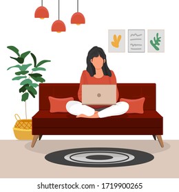 Woman sitting on the dark red chair with laptop. Freelance or studying concept. Girl working at home in home office. Daily life of freelance worker, everyday routine. Cartoon flat vector illustration.