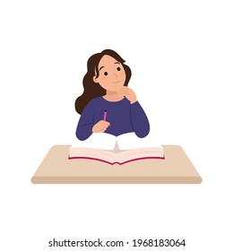 Woman sitting on a desk thinking about ideas. Writing or study clip art.