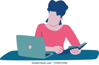 Woman sitting on a desk, using a notebook and reading a book to study or work