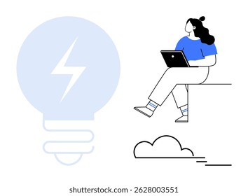 Woman sitting on edge with laptop, accompanied by a large lightbulb symbolizing ideas and a cloud. Ideal for creativity, brainstorming, innovation, remote work, productivity, tech culture