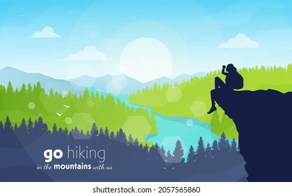 Woman sitting on the edge of mountain. Travel concept of discovering, exploring and observing nature. Hiking tourism. Adventure. Minimalist graphic flyer. Polygonal flat design. Vector illustration