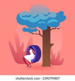 Woman Sitting on Environmentally Friendly Child Garden Swing Made of Recycled Car Tires Hanging on Rope at Tree in Playground People Reuse Old Tyres for Domestic Needs. Flat Vector Illustration