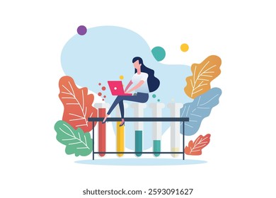 Woman sitting on flask tube. Chemistry scene with miniature people. Education vector illustration.