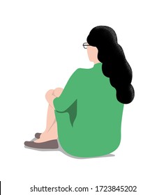 Mujer sentada en la parte trasera del suelo mirando a la distancia. Ilustración vectorial de estilo plano texturada.