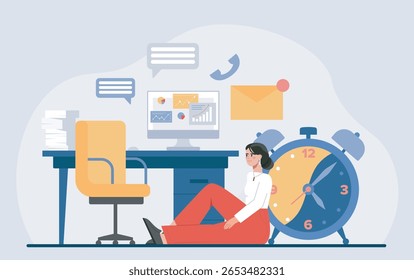 Mulher sentada no chão ao lado de um grande relógio e mesa de escritório com computador, documentos e ícones, em estilo plano no fundo claro. Conceito de estresse no trabalho. Ilustração vetorial