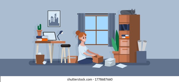 Woman sitting on the floor and doing cleaning a dirty workspace or workroom at home, work from home cleanup and space organizing concept, vector illustration in flat style.