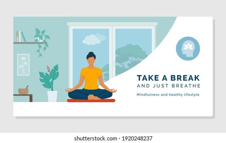 Woman sitting on the floor and doing meditation at home, relaxation and mindfulness concept