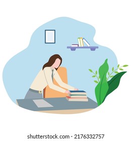 Woman sitting on the floor and doing cleaning a dirty workspace or workroom at home, work from home cleanup and space organizing concept, vector illustration in flat style.