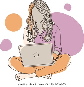 Uma mulher sentada no chão fazendo negócios em seu laptop, simples e mínima ilustração plana