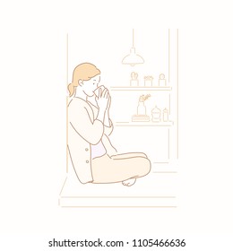A woman sitting on the floor and drinking a warm tea. hand drawn style vector doodle design illustrations.