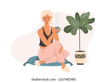 Woman is sitting on the floor and drinking coffee. Self time concept illustration