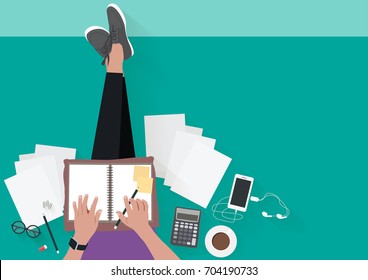 Woman sitting on floor with elements workplace. Flat illustration top view of relaxing at home. Vector illustration