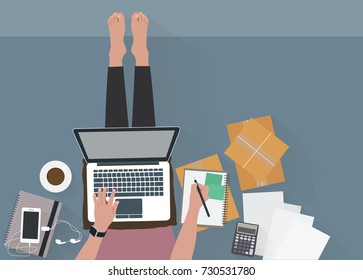 Woman sitting on floor elements workplace with laptop and write a note. Flat illustration top view of relaxing at home. Vector illustration.
