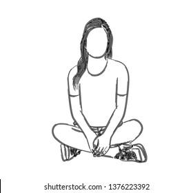 Woman sitting on the floor, Flat line art vector design.
