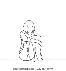 woman sitting on the floor with her hands on her knees - one line art vector. concept sit sad, loneliness, tiredness