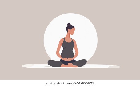 A woman is sitting on the floor with her legs crossed and her hands on her stomach. She is pregnant and she is meditating