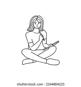 Woman sitting on floor holding pencil in one hand and notebook in another hand doodle illustration in vector. Thinking girl sitting and holding pen and notebook hand drawn icon in vector.