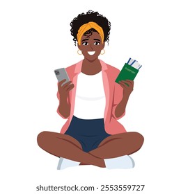 Woman sitting on the floor holding passport and plane tickets and phone. Flat vector Character Illustration