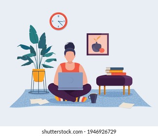 Woman sitting on floor at home and working on laptop. Home office concept. Vector illustration in flat style