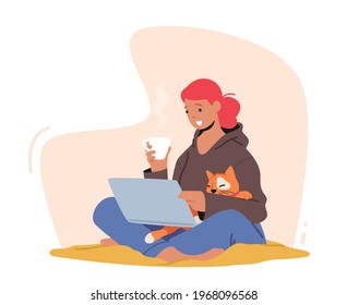 Woman Sitting on Floor at Home Working on Laptop with Cat Sleep on her Hands. Female Character Freelancer or Student Chatting in Internet, Looking Video Online with Pet. Cartoon Vector Illustration