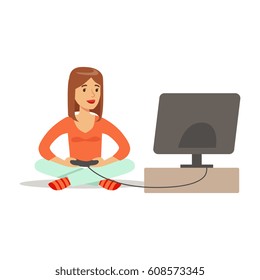 Woman Sitting On The Floor With Joystick,Part Of Happy Gamers Enjoying Playing Video Game, 