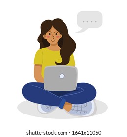 woman sitting on the floor with laptop flat design illustration for landing page