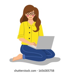 woman sitting on the floor with laptop flat design illustration for landing page