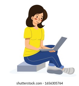 woman sitting on the floor with laptop flat design illustration for landing page