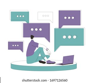 Woman sitting on the floor with laptop and talking with friends online and reading a news. Social distancing and self-isolation during coronavirus quarantine. Vector flat illustration.