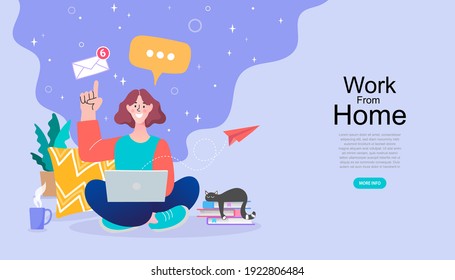 A woman is sitting on the floor with a laptop. Cute vector illustration in flat style. Lady working at home, stay at home. people quarantine in lockdown. Social distancing. 