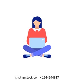 A woman is sitting on the floor with legs crossed and typing on laptop. Girl blogger work in social media. Freelancer concept. Flat style character vector illustration isolated on white background.