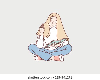 woman sitting on floor with legs crossed reading book simple korean style illustration