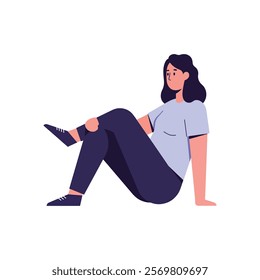 woman is sitting on the floor and looking at the side