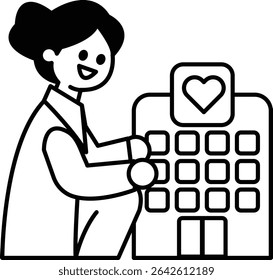 A woman is sitting on the floor next to a building with a heart on it. She is smiling and holding something in her hand