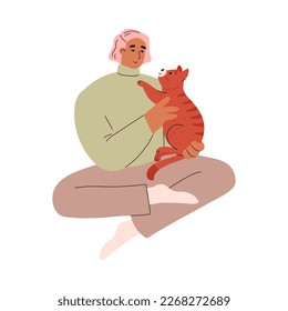Woman sitting on the floor and playing with cute cat, flat vector illustration isolated on white background. Love between pet and its owner, emotional support by pets.