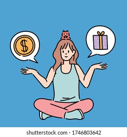 A Woman Is Sitting On The Floor, Putting Money And Gift Boxes On Her Hands And Weighing. Hand Drawn Style Vector Design Illustrations. 