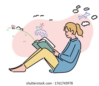 A woman is sitting on the floor and reading a book. hand drawn style vector design illustrations. 