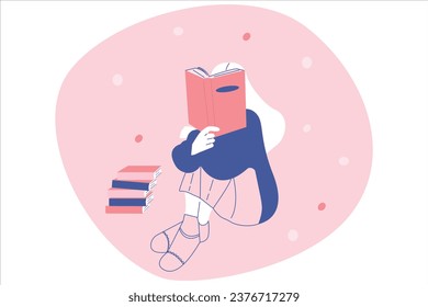 A woman is sitting on the floor, reading a book in detail. The concept of distance learning, earning and self-education. Flat cartoon style vector illustration.