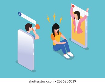 woman sitting on the floor, seemingly overwhelmed by online harassment and negativity, with a person shouting through a megaphone isometric 3d vector illustration