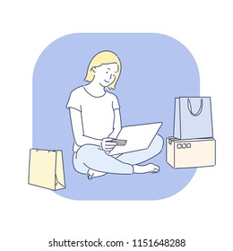 A woman is sitting on the floor and shopping online while looking at a laptop. hand drawn style vector design illustrations.