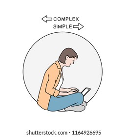 A woman is sitting on the floor, smiling and looking at a laptop. hand drawn style vector design illustrations.