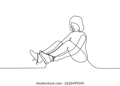 mulher sentada no chão amarrando cadarços - uma linha de arte vetor. conceito problemas com amarrando cadarços, doenças apraxia ou dispraxia. Vetor artesanal não AI