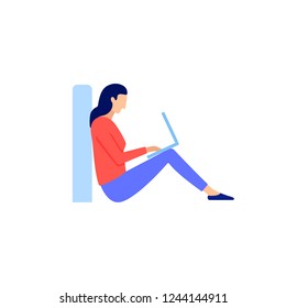 A woman is sitting on the floor and typing on laptop. Girl blogger with computer. Work in social media. Freelancer concept. Flat style character vector illustration isolated on white background.