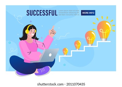 Woman sitting on the floor using laptop with growing lamps. new ideas concept. social media network online communication. success and development vector illustration.